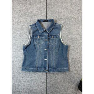 Allegra K Trucker Vest Women's Large Blue Denim Cotton Pockets Button Front